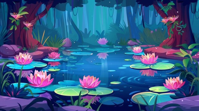 Water lilies in forest in swamp or lake. Fantasy mystic view of pond covered with ooze in forest. Cartoon modern illustration.
