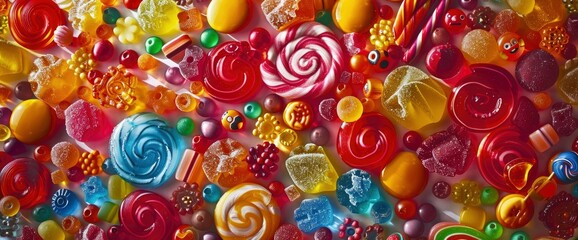 A colorful background of various candies, such as lollipops and gummy bears, arranged in an artistic pattern