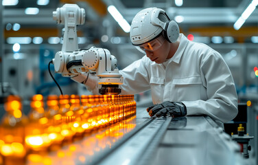 Technician in futuristic helmet working with robotic arm in factory