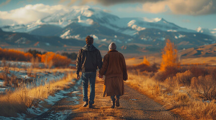 Fototapeta premium A man and an elderly woman walk along the road at sunset against the backdrop of mountains