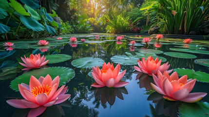 Waterlillies in pond  at botanical garden - 781355973