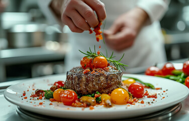 Chef garnishing grilled steak with fresh herbs and tomatoes