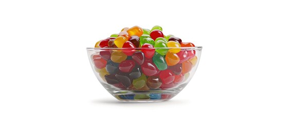 A glass bowl full of colorful jelly beans isolated on a white background with a clipping path