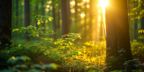 Serene forest scene with sunlight filtering through trees