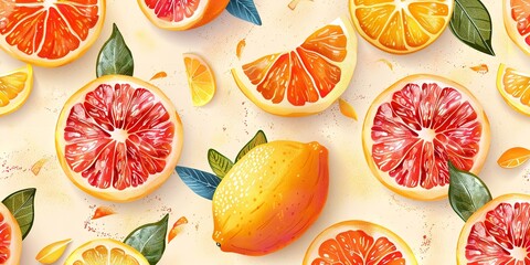 Simple, ripe citrus fruits, a mix of whole and sliced, are put together in a seamless pattern over a dark orangy backdrop and space, Generative AI.