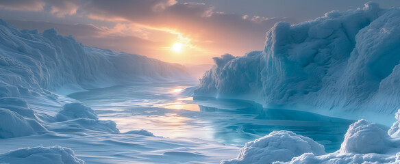 Ethereal sunlight bathing a snowy ice canyon at dawn