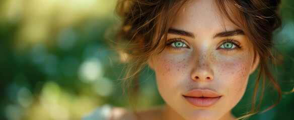 Portrait of a green-eyed woman with sunlit freckles