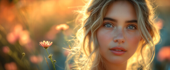 Young woman with blue eyes in golden hour wildflowers