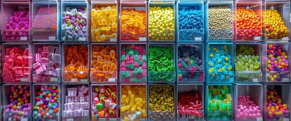 Obraz premium A vibrant display of colorful candies in various shapes and sizes, arranged neatly 