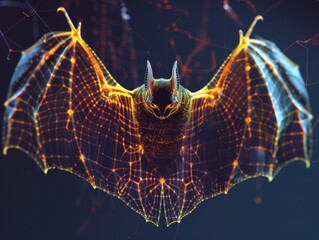 Cybernetic bat, wings unfurled, closeup, radar pulses illuminating wings, night sky, mysterious and captivating - obrazy, fototapety, plakaty