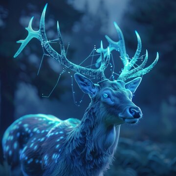 Cyber deer, antlers with glowing tips, closeup, forest at dawn, ethereal blues and greens, serene