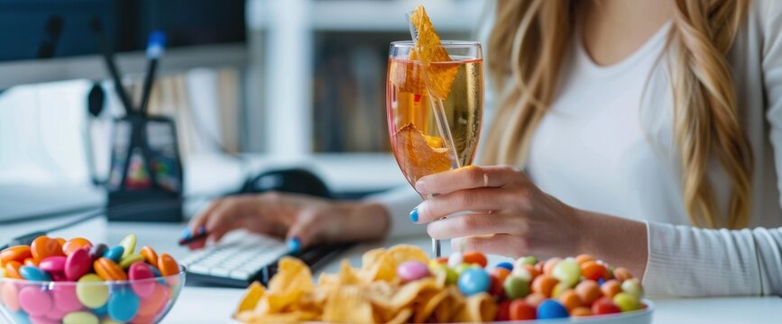 A woman working at her desk with a computer, a glass of wine and chips on the table, candy in a bowl