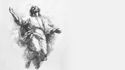 The resurrected Jesus Christ ascending to heaven in pencil sketch - obrazy, fototapety, plakaty