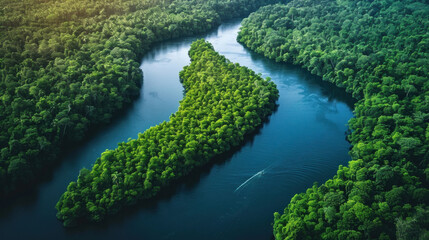 Serene river landscape with lush trees and a small island in the middle, banner, copy space