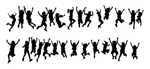Many kid jumping cheerfully on grass, kids Jumping Silhouette, Vector silhouette of children playing