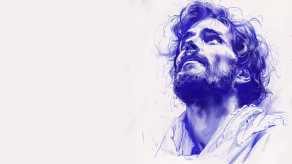 Blue watercolor of A man with long hair and beard resembling Jesus Christ