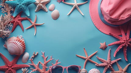 Summer beach accessories and various starfish and shells arranged on a pastel blue background,...