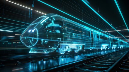 Train of the future in wireframe, station angle, glowing lines of electric blue and silver, clear and detailed