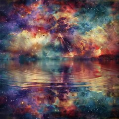 Triangle ringing, creating ripples across a cosmic pond, stars and nebulas reflecting in the water, fantasy colors, vivid and serene