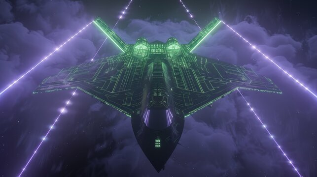 Stealth bomber in wireframe, night sky, illuminated by green and purple HUD lines, detailed, from below