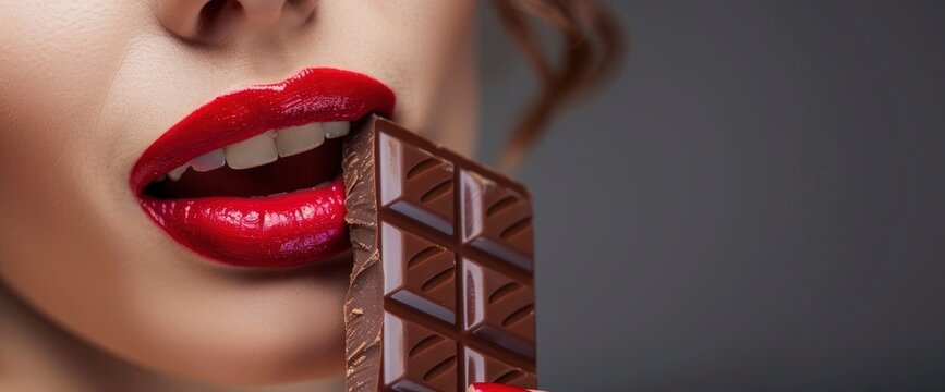 Close up of a woman's lips with red lipstick biting a chocolate bar, isolated on a grey background