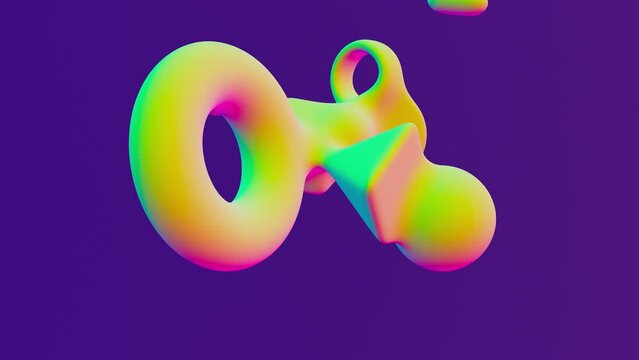 3D animation of abstract smooth volume object from primitives shapes with liquid material. Abstract morph liquid form in toxic colors on violette background. 4k seamless loop animated template