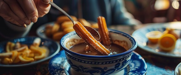 Close up of hands using a spoon to put churros into a blue and white bowl on a table, with hot chocolate in the background