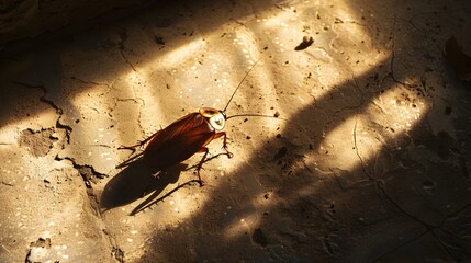 Lone Cockroach Casting Dramatic Shadow in Dimly Lit Room,Evoking Fear and Disgust - obrazy, fototapety, plakaty