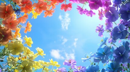 Colorful Flowers Blooming Under Clear Blue Sky with Copy Space in Center of Frame