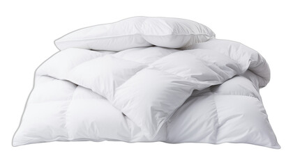 Fototapeta na wymiar White down duvet and pillows isolated on white background Soft and cozy bedding