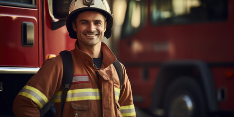 smiling male firefighter in a red uniform and fire helmet against the background of a fire station, cars, extinguishing, professional, specialist, rescuer - obrazy, fototapety, plakaty