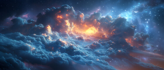 64k, 8k widescreen, 21:9, cloud skyscape, Fiery Sky and Water Blend, A captivating scene merging of fire and water against a backdrop of azure sky and billowing clouds, evoking a mesmerized nature