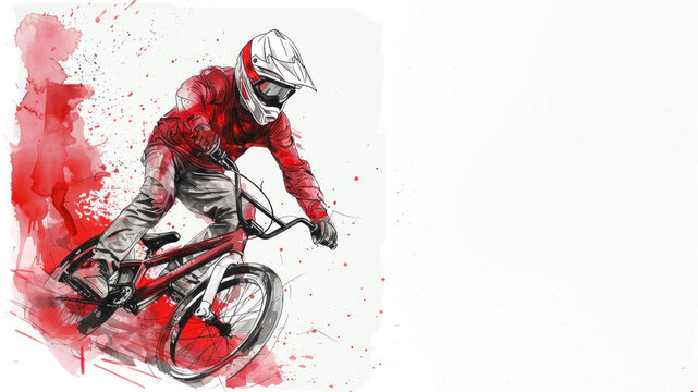 Red watercolor painting of BMX bicycle motocross player in action
