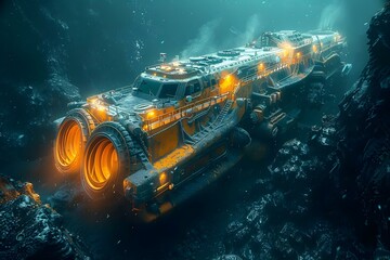 Deep sea vehicles collect minerals from seabed using mining technology. Concept Deep Sea Mining, Underwater Exploration, Mineral Extraction, Subsea Vehicles, Cutting-edge Technology - obrazy, fototapety, plakaty