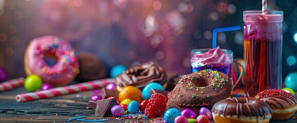 Colorful candies, donuts and chocolate with juice on a wooden table against a futuristic background