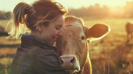 Joyful farmer hugging her cow in the gentle sun, a portrayal of the loving care at the heart of veterinary practices