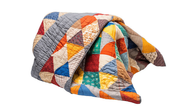 Handmade patchwork quilt with colorful geometric patterns and floral motifs