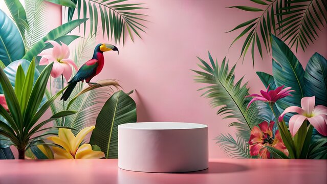 podium product image pink birds background