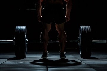 Fototapeta na wymiar Man In Front Of a Heavy Barbell, Dark Background, Man With Well-Defined Body Training