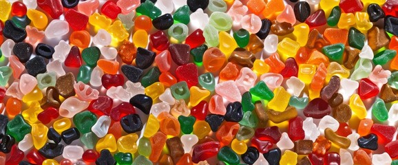 Colorful candy background, top view of gummy candies and hard scr parkes in a pile.
