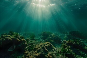Sunlight illuminating rocky seabed with seagrass in Mediterranean Sea off Costa Brava. Concept...