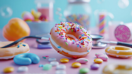 A vibrant donut adorned with rainbow sprinkles stands out against a backdrop of assorted colorful sweets and candies.