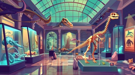 A cartoon illustration depicting a paleontology and archeology exhibition with dinosaur skeletons and prehistoric animals.