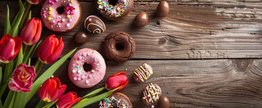 Easter table with Easter cookies, chocolate donuts and tulips on a wooden background in a top view , a top shot photography, food photography, easter eggs in the background, high resolution
