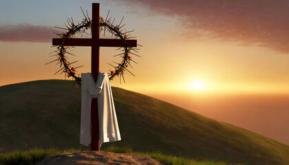 Cross With Robe And Crown Of Thorns On Hill At Sunset. Calvary And Resurrection Concept