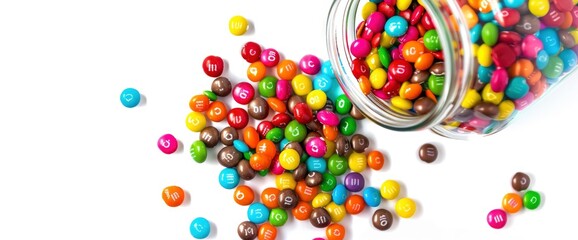 Top view of colorful candies spilling from a glass jar isolated on a white background