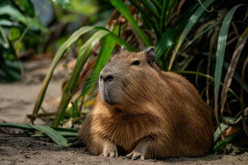 Naklejka na ściany i meble Image showcases a lone capybara calmly resting on a sandy patch amidst lush greenery