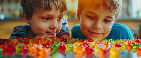 Two boys looking at gummy bears on a table. This stock photo was the winner of a contest for commercial photography. The photo is colorful and high quality