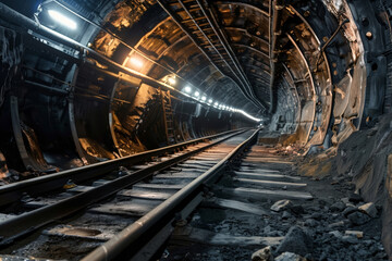 An illuminated view of an underground coal mine with a railway track extending into the distance