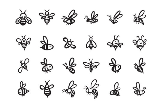Doodle hand drawn bee. Set Cartoon outline line style bees.